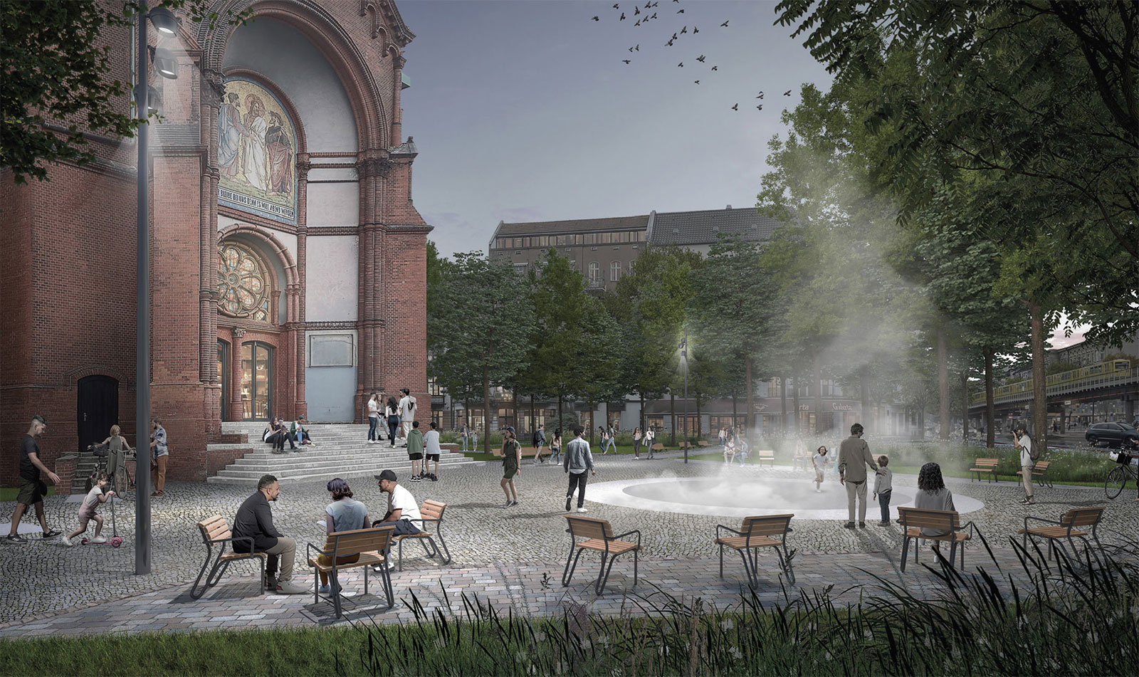 Vor der Kirche auf dem Lausitzer Platz in Berlin ist ein Brunnen. Visualisierung.