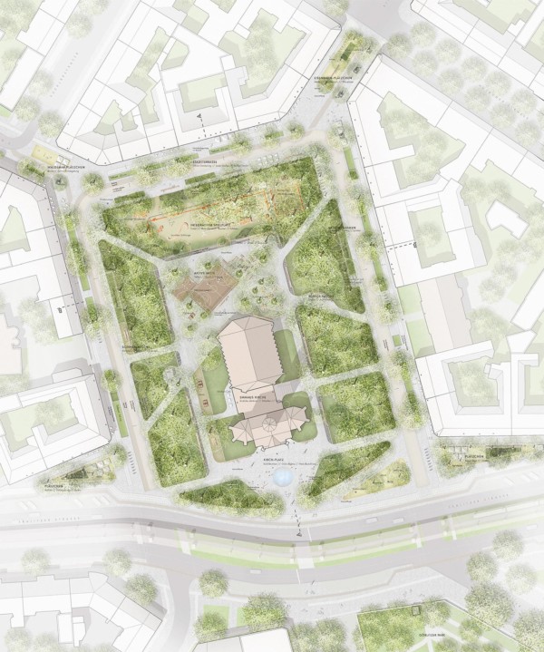 Draufsicht auf den umgestalteten Lausitzer Platz in Berlin: Brunnen vor dem Kirchplatz, Sportplätze und Spielplatz hinter der Kirche