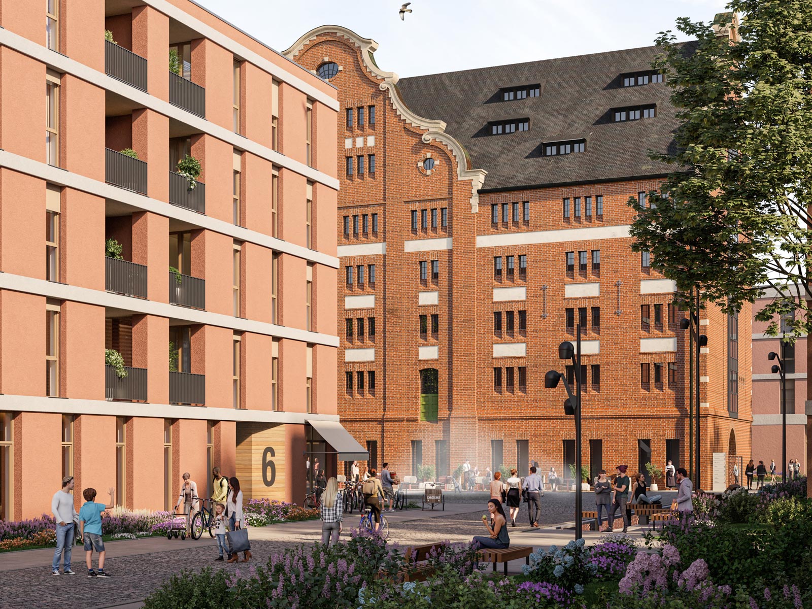 Neubau und sanierter Altbau mit roter Backsteinfassade