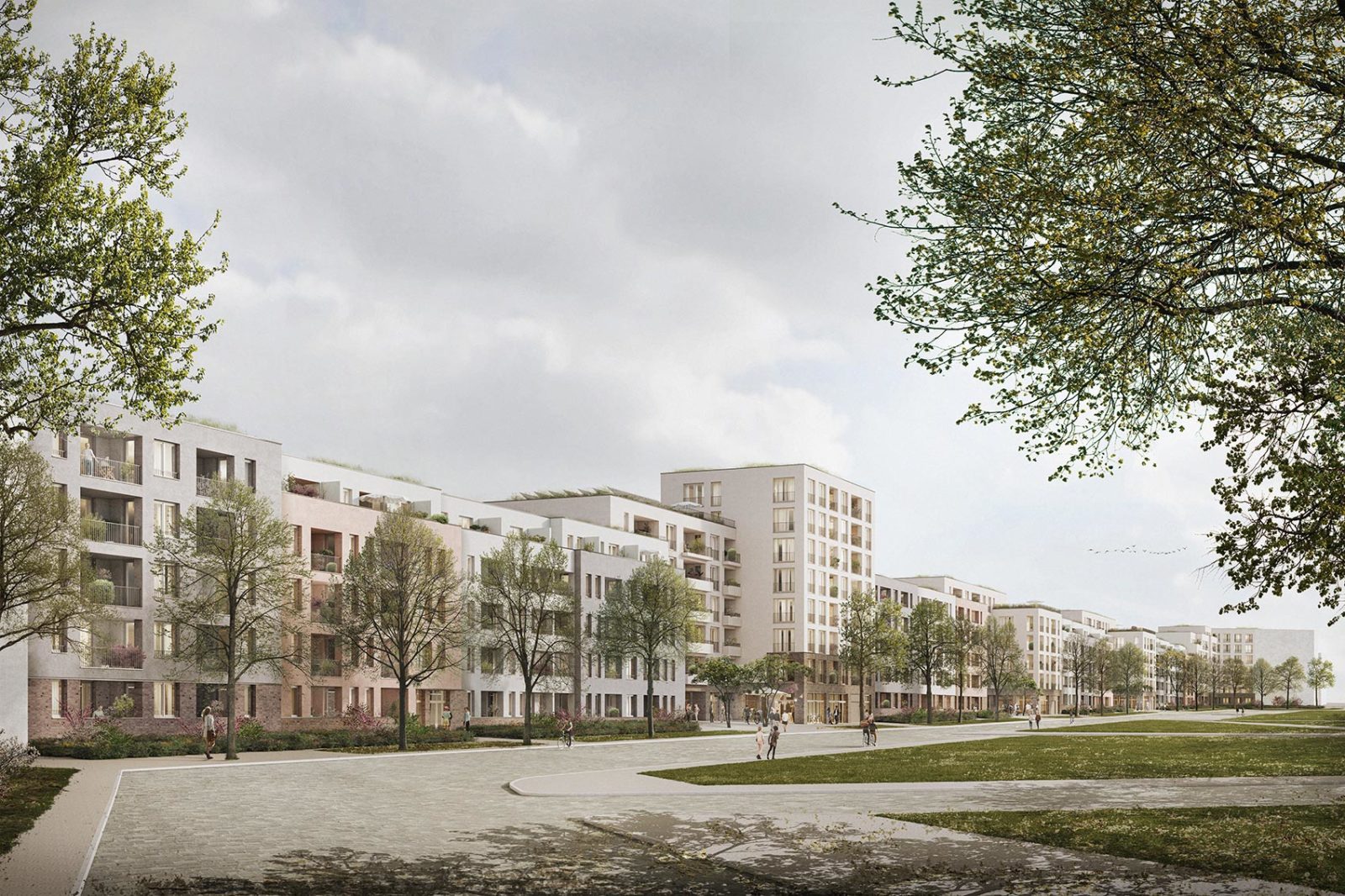 Visualisierung der Lichtenreuther Zeile in Nürnberg. Viele fünf- bis siebenstöckige moderne Wohngebäude stehen aneinander gereiht und bilden die "Zeile".