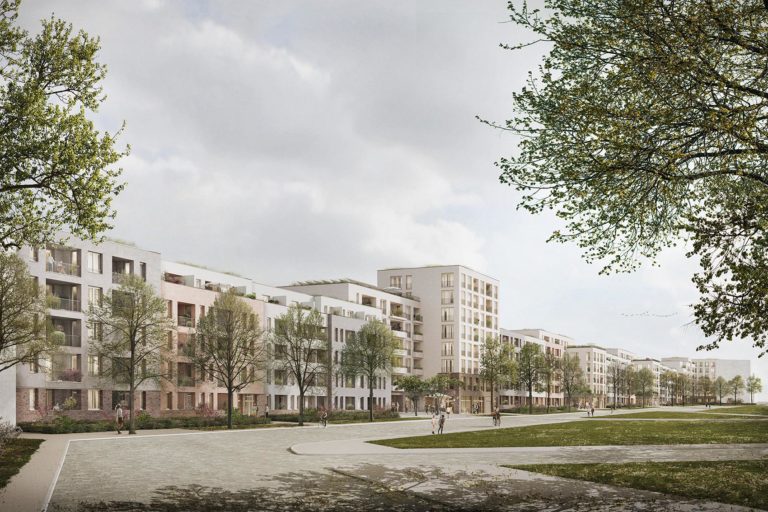 Visualisierung der Lichtenreuther Zeile in Nürnberg. Viele fünf- bis siebenstöckige moderne Wohngebäude stehen aneinander gereiht und bilden die "Zeile".