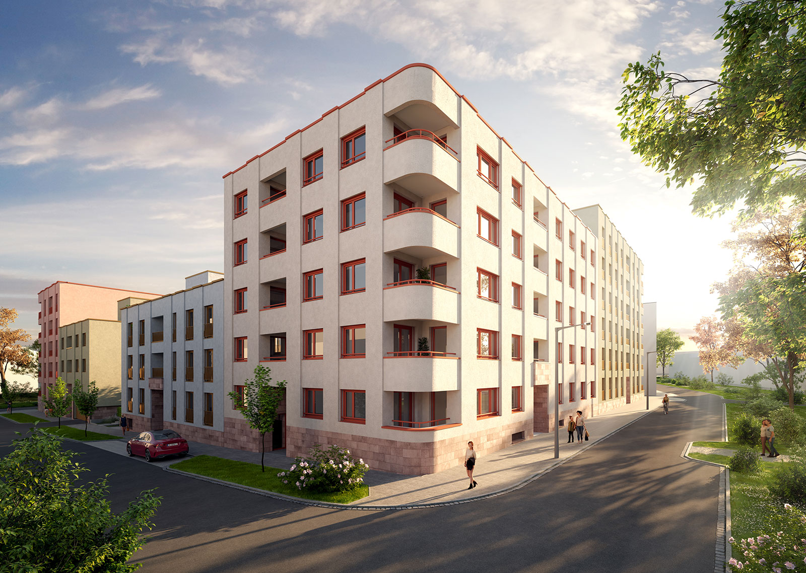 Visualisierung des Lichtquartiers in Nürnberg: fünf-stöckiges Gebäude mit abgerundeten Ecken.