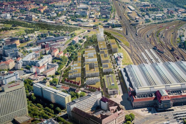 Visualisierung des Löwitz Qiartier in leipzig. Es Viele Neubauten direkt neben dem Bahnhof