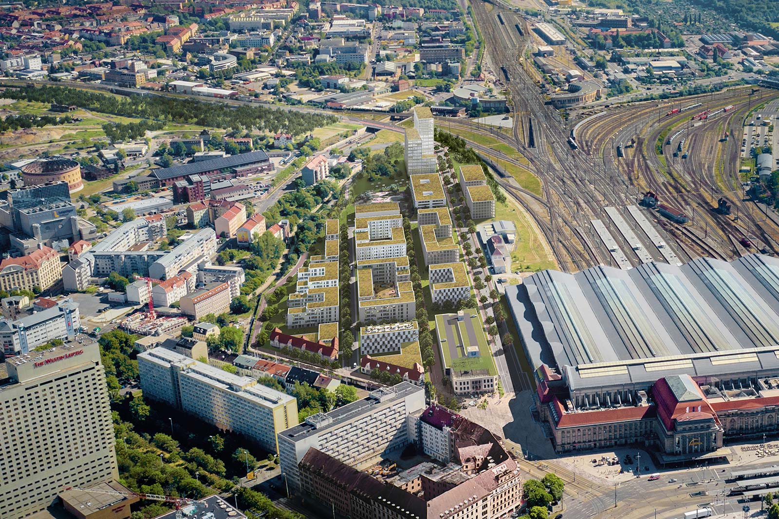Visualisierung des Löwitz Qiartier in leipzig. Es Viele Neubauten direkt neben dem Bahnhof