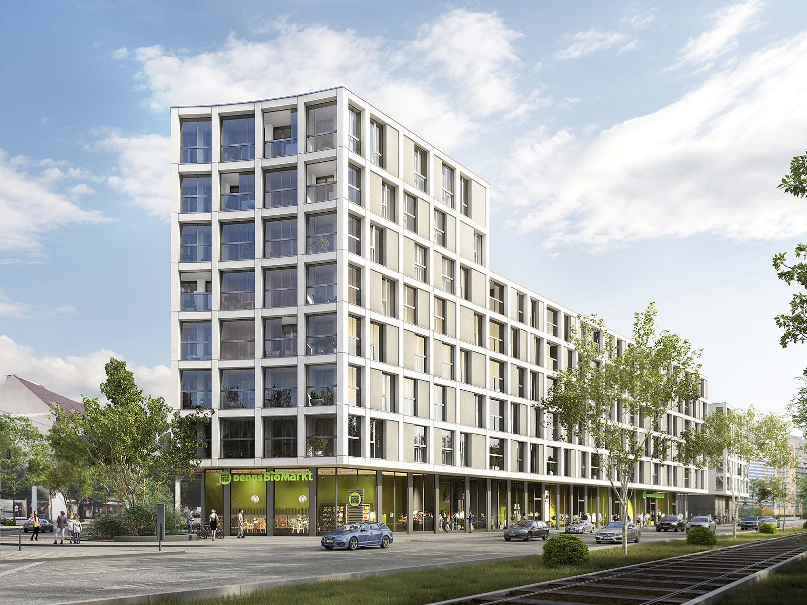 Visualisierung des Neubaus von Bayernheim in Luitpoldviertel Nürnberg. Das Gebäude mit großen quadratischen Fensterflächen hat auf der einen Seite 8 Stockwerke. Es zieht sich richtung Hintergrund des Bildes in die Länge und fällt auf sechs Stockwerke ab.