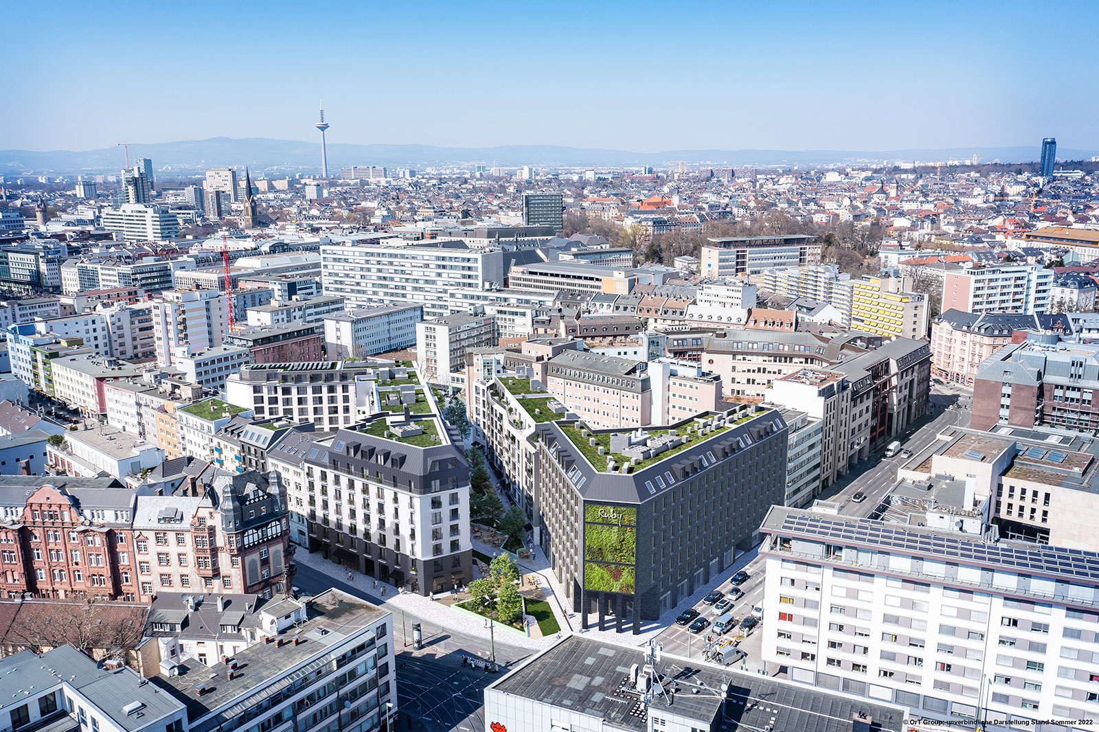 Bild des Main Yard Frankfurt: Zwei V-förmige Gebäude, zwischen ihnen eine begrünte Passage.