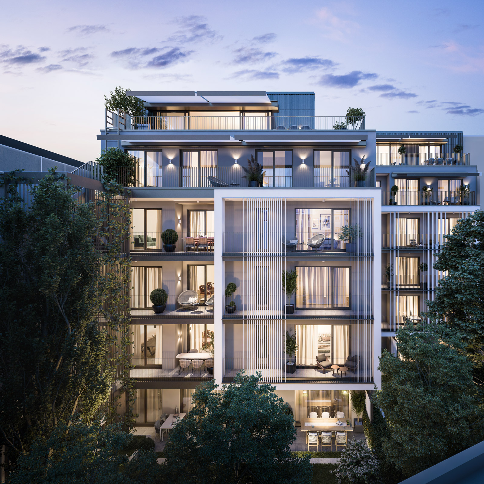 Visualisierung des Bauprojekts Max Höfe von Legat Living in München: Sie zeigt ein moderndes Wohnhaus mit großen Balkonen in der Dämmerung.