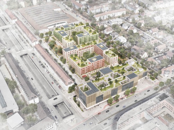 Die Visualisierung zeigt den geplanten Neubau der ehemaligen McGraw Kaserne in München. Das Quartier ist farbig und der Rest grau dargestellt.