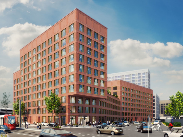 Das rote Bürogebäude Rissio in der MesseCity Köln.