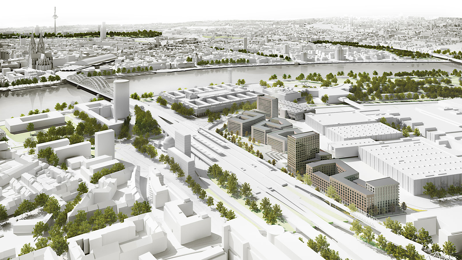 Visualisierung der gesamten MesseCity Köln im städtischen Umfeld.