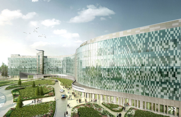Außenvisualisierung: Die wellenförmige Fassade des Militärkrankenhauses in Ramstein besteht aus einer durchgängigen Glasfassade.
