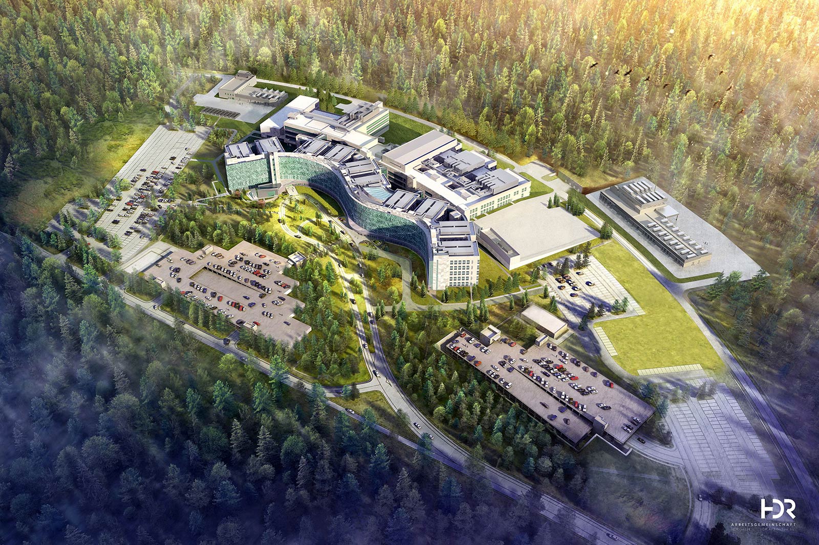 Außenvisualisierung: Das Militärkrankenhaus in Ramstein besteht aus mehreren Gebäuden. Eines davon ist wellenförmig geschwungen wie eine Flagge