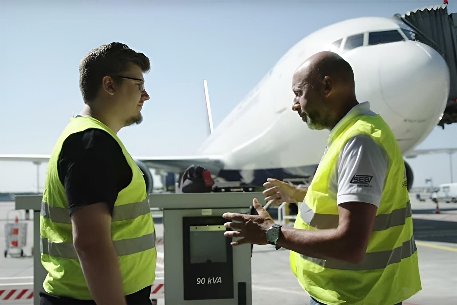 Zwei Männer in Warnwesten, im Hintergrund ein Flugzeug