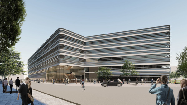 Visualisierung: Der Neubau für das Max-Planck-Institut (MPI) für Cybersicherheit und Schutz der Privatsphäre in Bochum. Es hat eine lamellenartige graue Fassade. Abgerundete Ecken sorgen für einen futuristischen look.