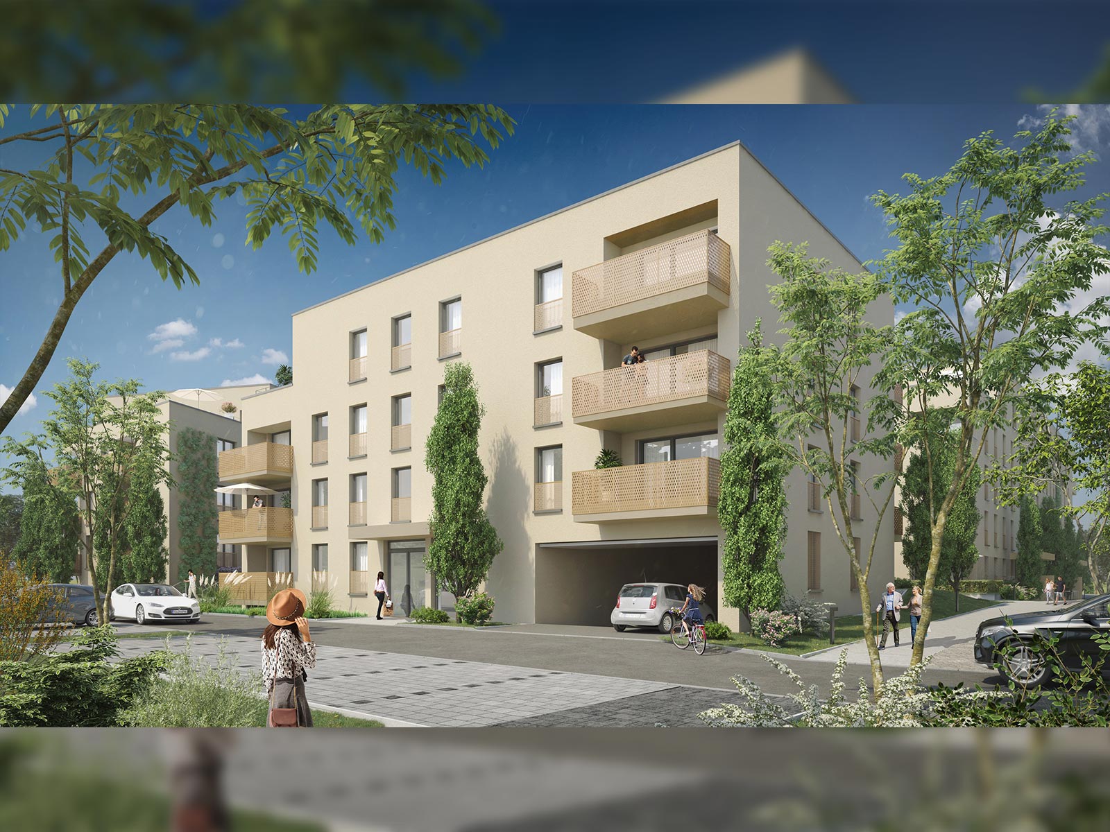 Visualisierung des Bauprojekts Neckar.Rooms im Neckar.Au Viertel in Rottenburg. Modernes, vierstöckiges Wohngebäude mit beiger Fassade.