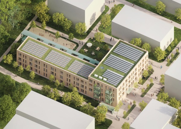 Visualisierung des Quartiers Hangweide in Kernen von oben. Auf dem Dach sind Solarpaneele installiert.