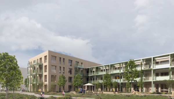 Visualisierung des Quartiers Hangweide. Das Gebäude ist von außen mit Ranken begrünt.