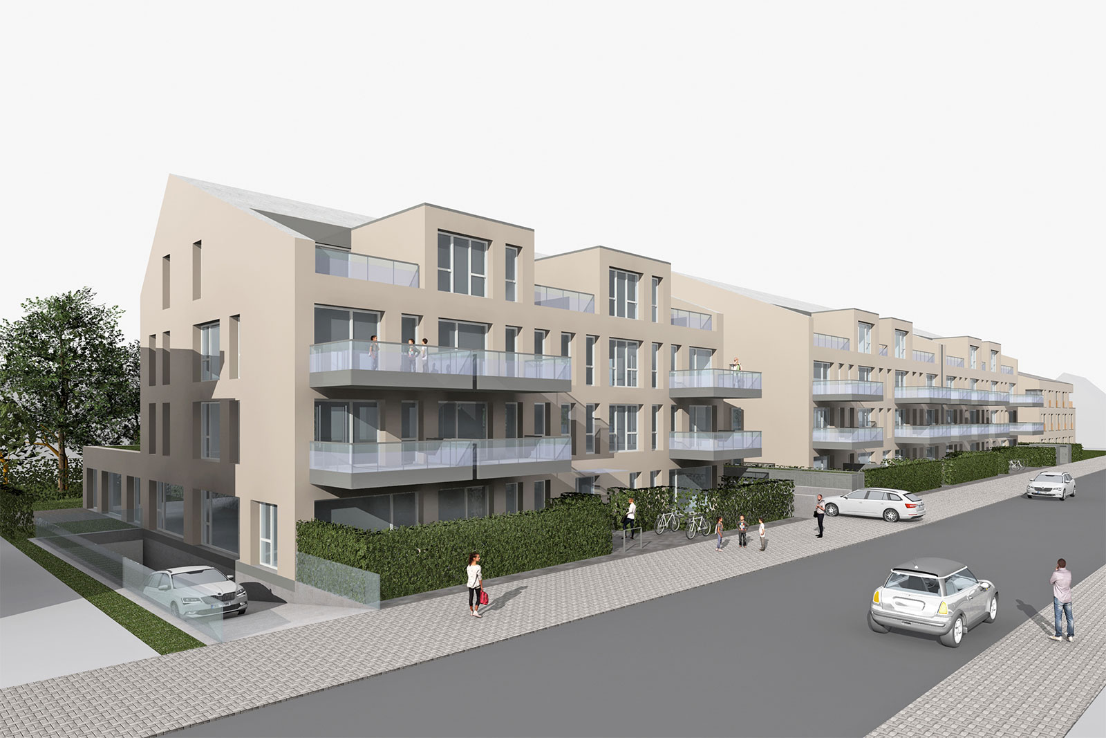 Visualisierung des Neubaus Ursulastraße Hürth mit barrierefreien Wohnungen, Pflegeeinrichtung, Tiefgarage und Grünflächen in Hürth-Kalscheuren.