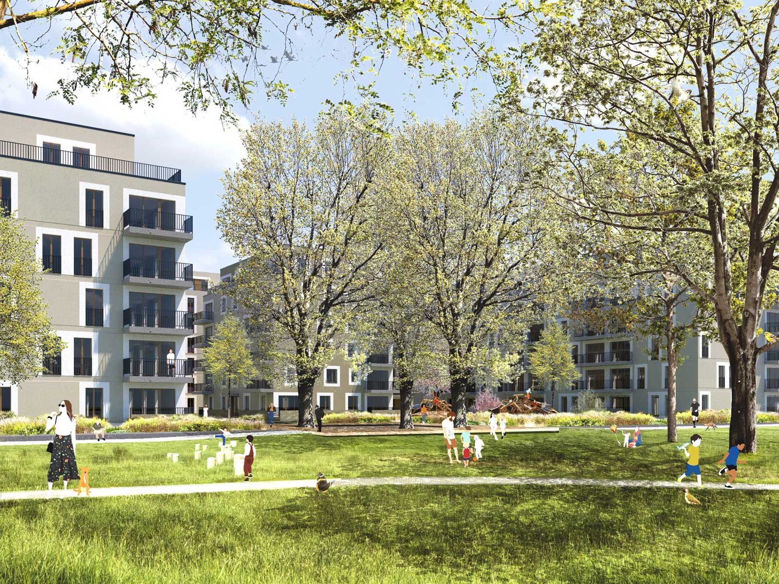 Die Visualisierung des letzten Bauabschnitts des Neubaus WATERKANT in Berlin Spandau zeigt Mehrfamilienhäuser um einen Park.
