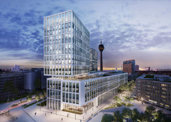 Visualisierung des PANDION Neubaus OFFICEHOME Rise: 70m hohes Bürogebäude bei Sonnenuntergang.