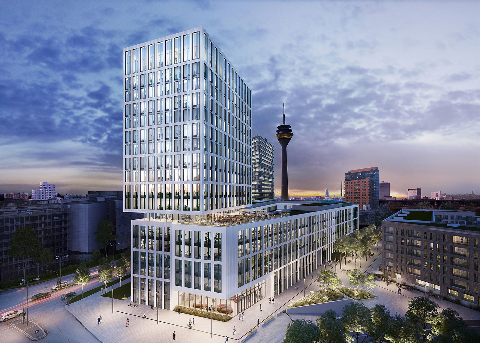 Visualisierung des PANDION Neubaus OFFICEHOME Rise: 70m hohes Bürogebäude bei Sonnenuntergang.