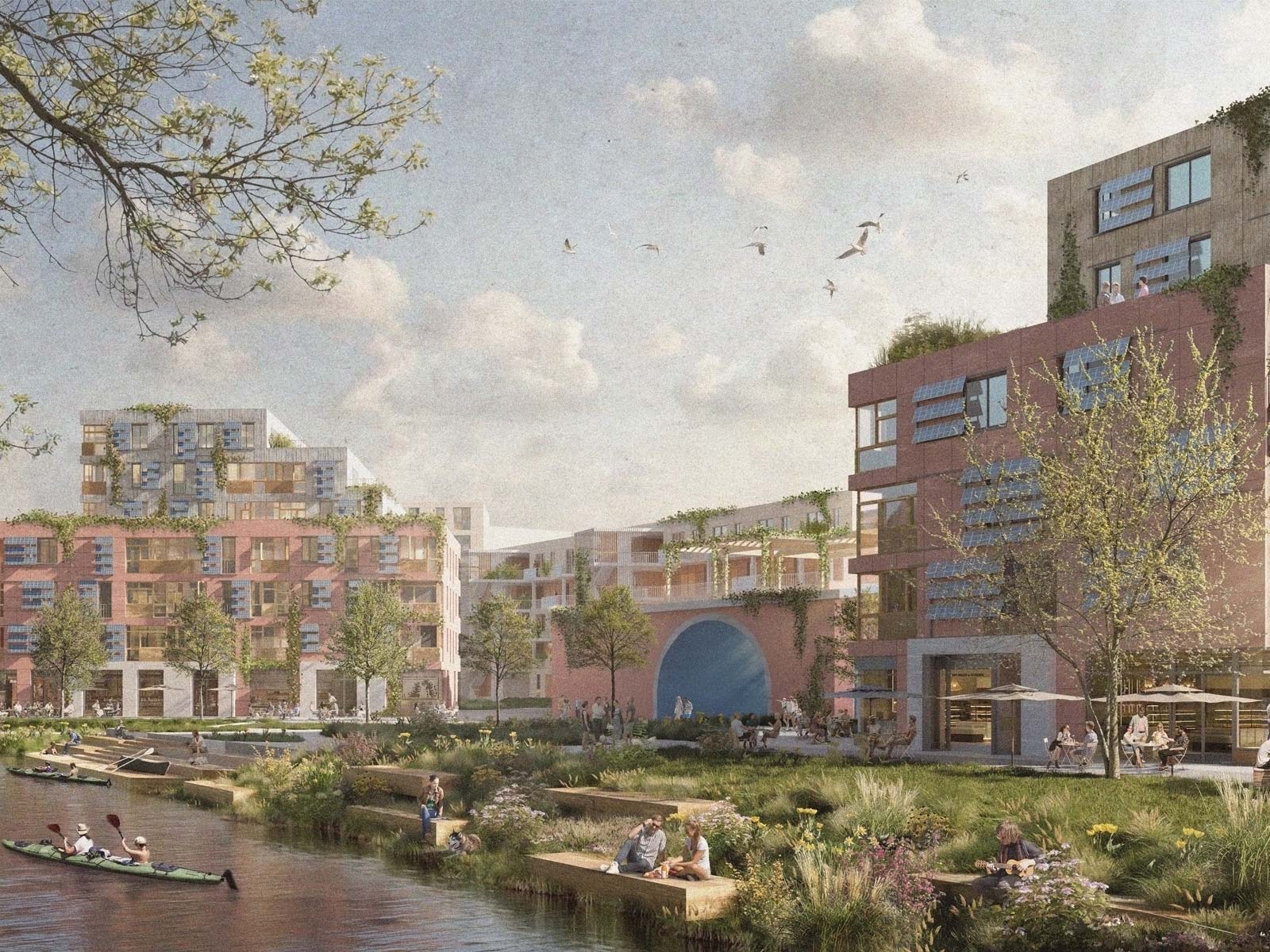 Visualisierung des kreislaufwirtschaftlichen Pilotprojekts von OTTO WULFF im Neubauquartier Wilhelmsburger Rathausviertel der IBA Hamburg.