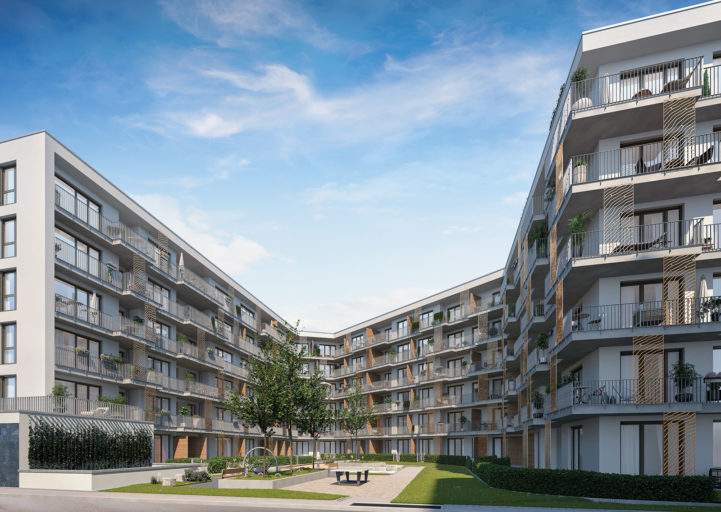 Visualisierung des Neubaus PARK LANE in Nürnberg. Zu sehen ist der Innenhof.