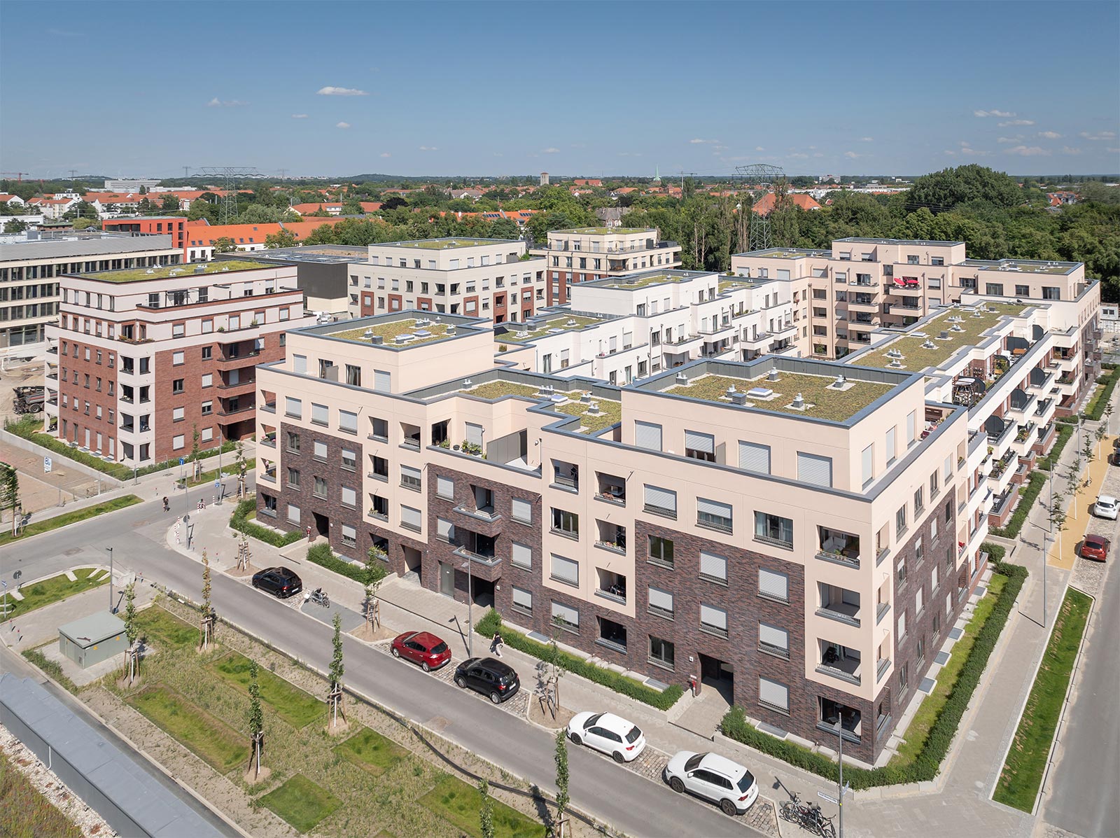 Aufsicht auf mehrere Gebäude der Parkstadt Karlshorst in Berlin Lichtenberg
