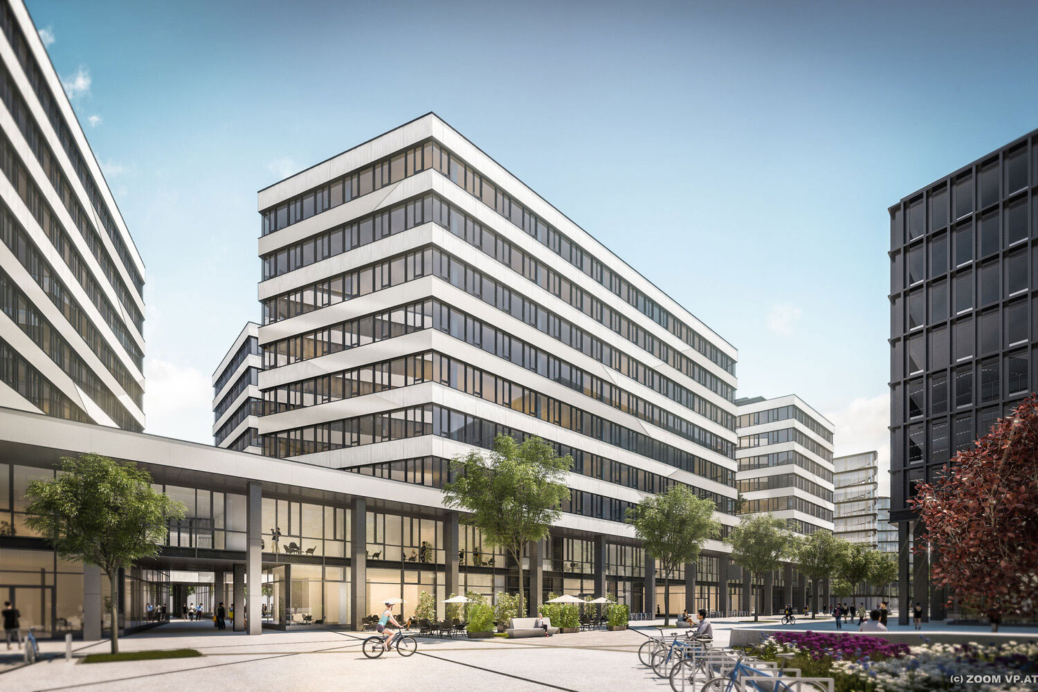 Visualisierung eines Geschäftshauses. Abgedunkelte Fenster werden von weißer, quer verlaufender Fassade unterbrochen