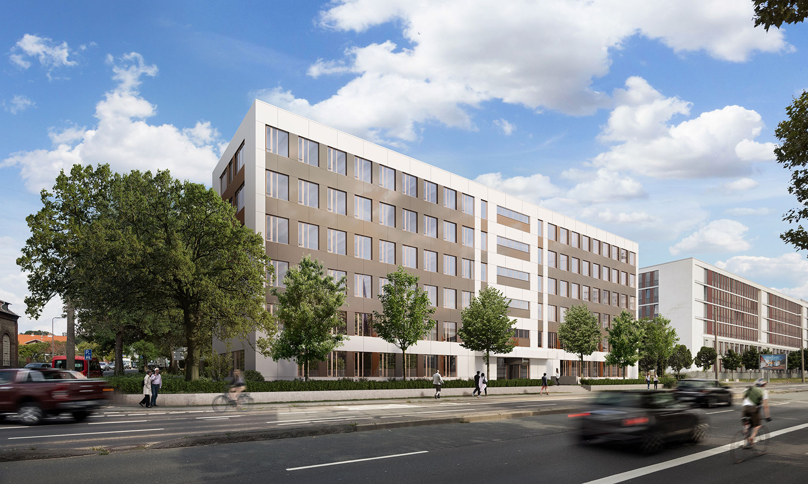 Eine Visualisierung des Platinum Wiesbaden zeigt das sechsstöckige, quadratische Gebäude mit weiß-grauer Fassade und vielen symmetrisch angeordneten Fenstern.