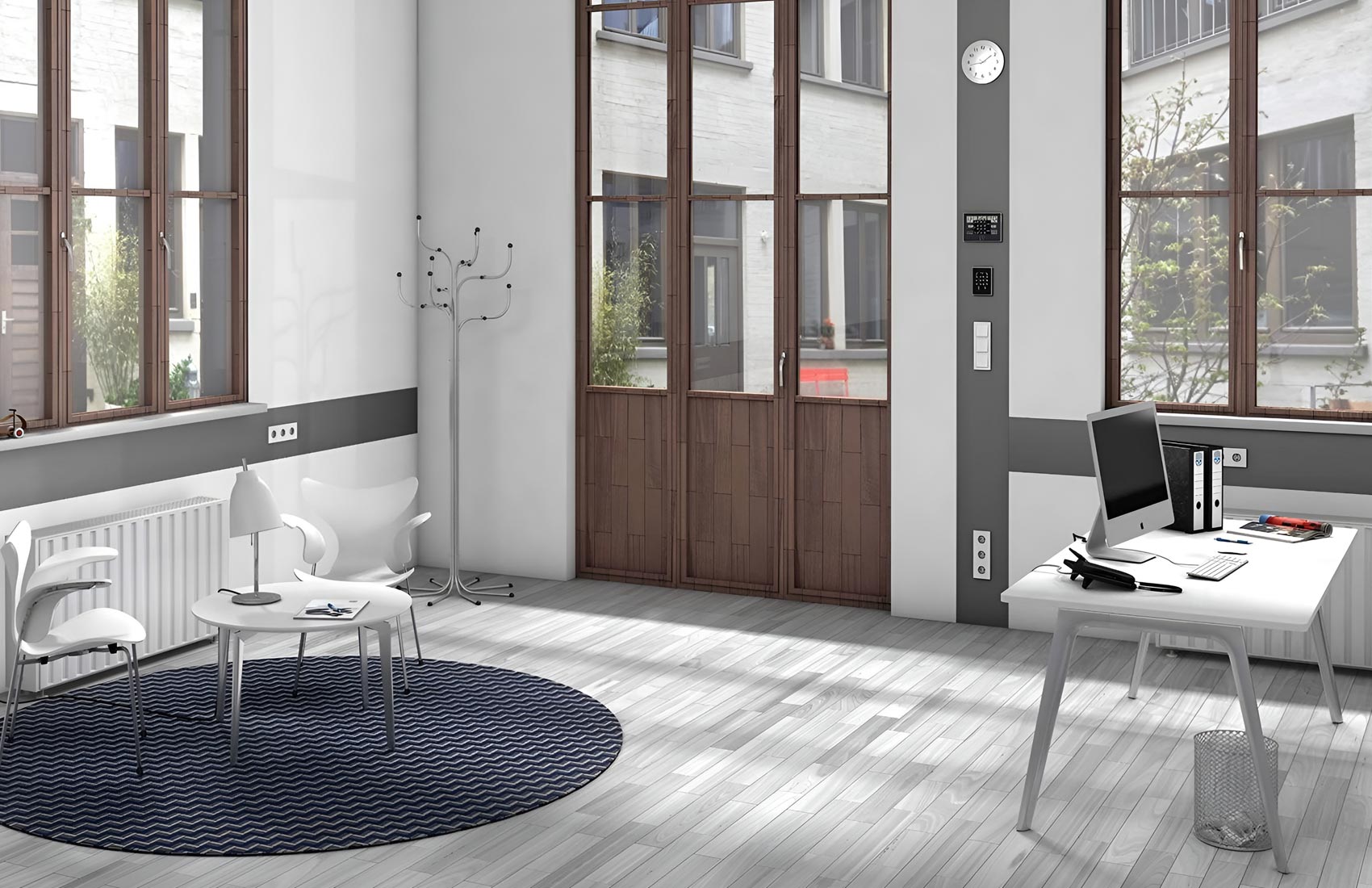 Visualisierung eines Arbeitszimmers in schlichten Weiß- und Grautönen. Fensterrahmen aus dunklem Holz