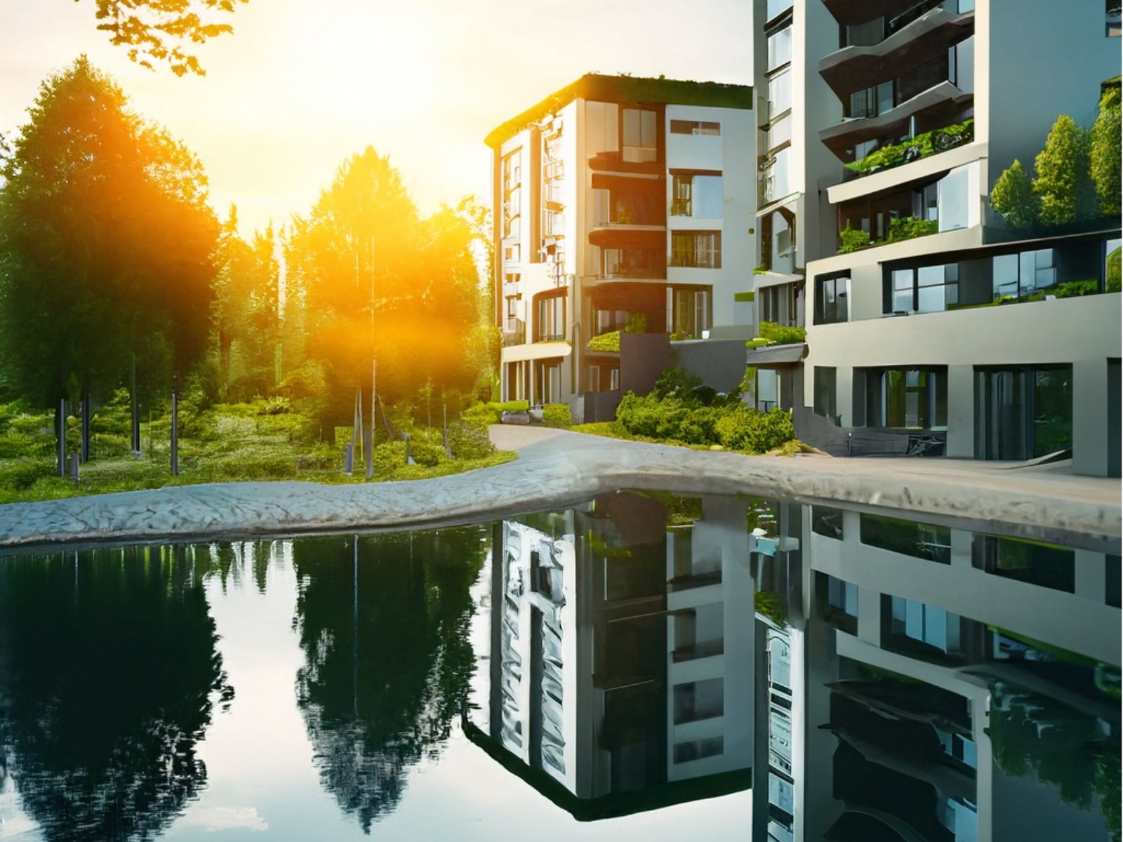 Ein von künstlicher Intelligenz entworfenes Bild zeigt zwei Wohngebäude neben einem Wald. Die Gebäude repräsentieren den Neubau Quartier am Märchenwald in Strausberg und spiegeln sich im Wasser, das im Vordergrund des Bildes dargestellt wird.