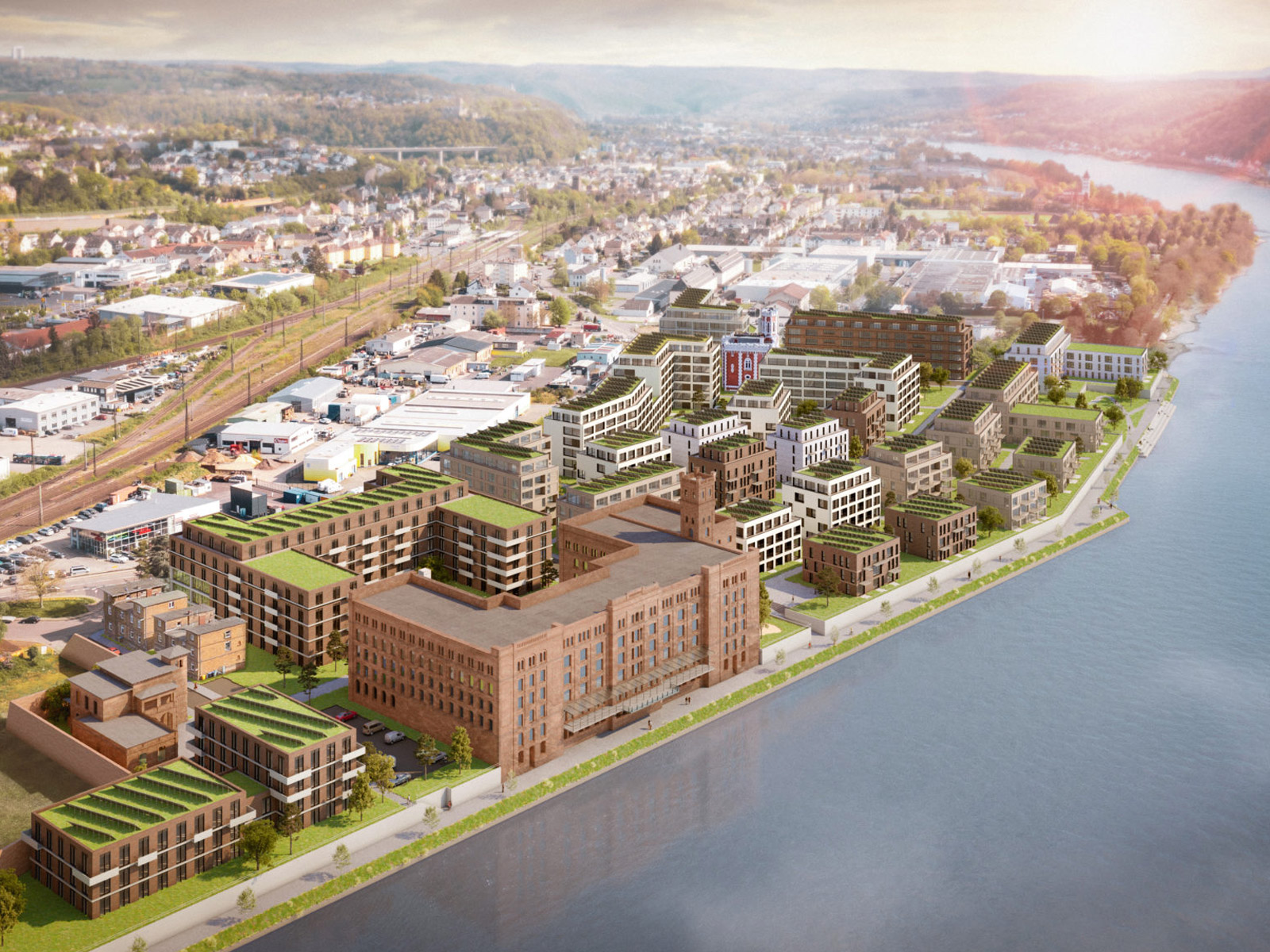 Visualisierung der Bebauung für das neue Quartier "Rhein Lahn Living". In Lahnstein sollen die neuen Gebäude direkt am Fluss gebaut werden.