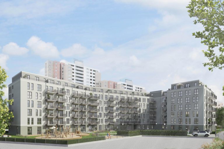 Visualisierung des FACE Campus in Berlin zeigt ein sehr großes L-förmiges Gebäude mit 7 Stockwerken