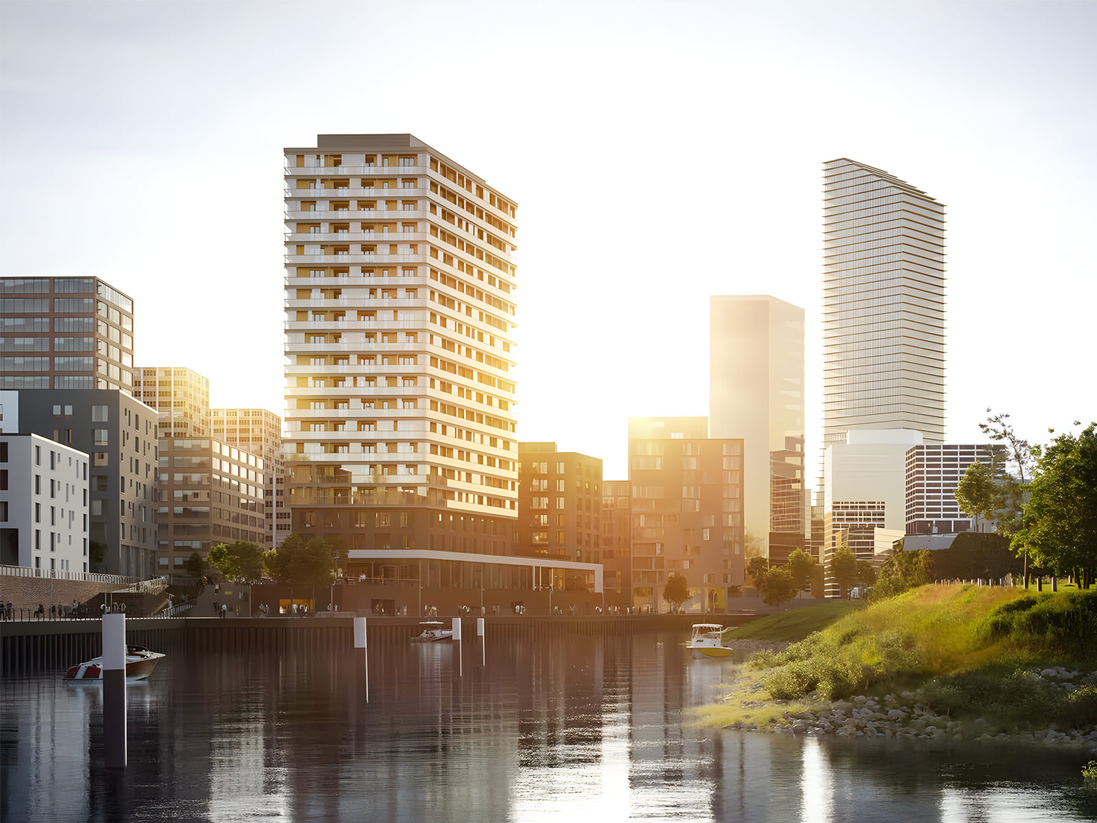 Visualisierung des Holzhochhauses Roots in Hamburg. Die Skyline spiegelt sich im Gegenlicht des Sonnenuntergangs im Wasser.