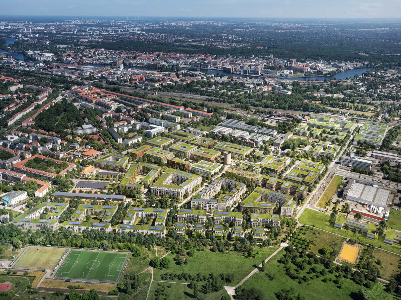 Visualisierung: Das Segelflieger Quartier am Segelfliegerdamm in Berlin aus der Luft.