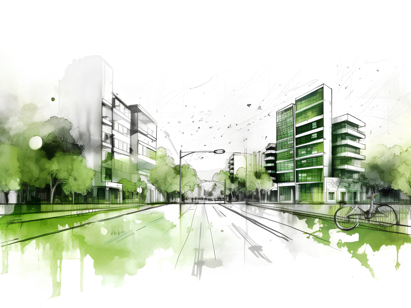 Hintergrundbild zum Beitrag der öffentlichen Beteiligung zum Bebauungsplan der Siemensstadt Square in Berlin. Das Bild zeigt eine gezeichnete Straße mit Fluchtpunkt in der Mitte des Bildes. Rechts und links von der Straße stehen hohe Gebäude. Colorierung ausschließlich in grün.