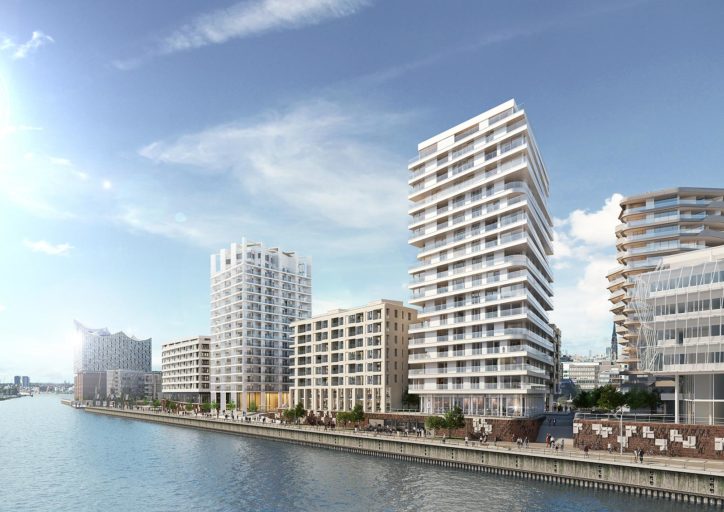 Visualisierung der Gebäude am Strandkai in Hamburg. Zwei Wohntürme und zwei nur halb so große Gebäude stehen abwechselnd direkt an der Elb und prägen das Stadtbild vom Wasser aus.