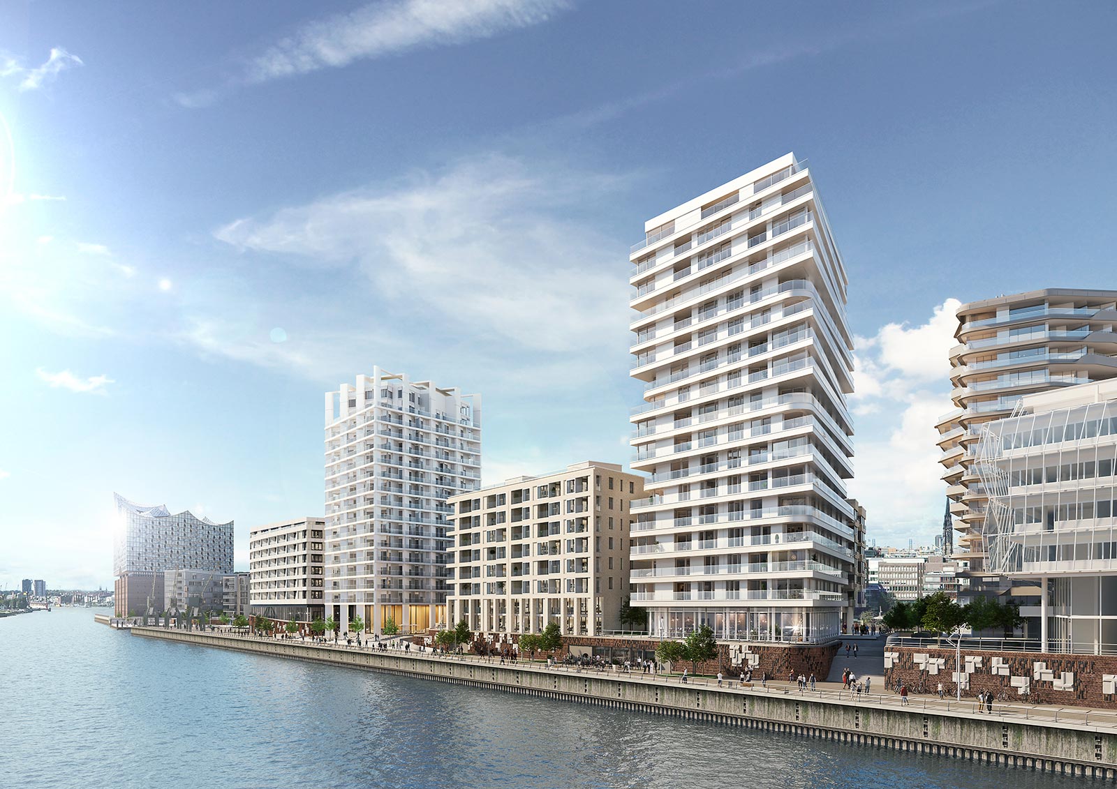 Visualisierung der Gebäude am Strandkai in Hamburg. Zwei Wohntürme und zwei nur halb so große Gebäude stehen abwechselnd direkt an der Elb und prägen das Stadtbild vom Wasser aus.