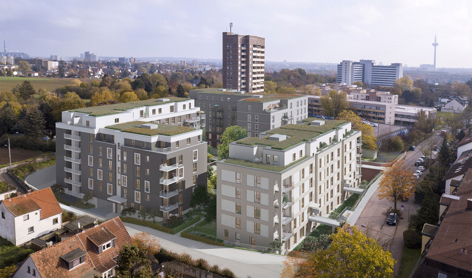 Visualisierung des Neubaus an der Steinbacher Hohl in Frankfurt: 3 Mehrfamilienhäuser