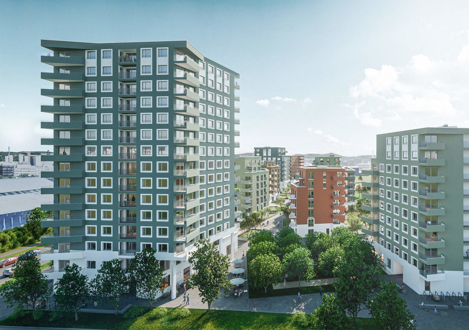 Die Visualisierung des Neubaus in der Stinnesstraße 16 in Ingolstadt zeigt mehrere Gebäude. Ein Hochhaus und weitere Wohnblöcke.