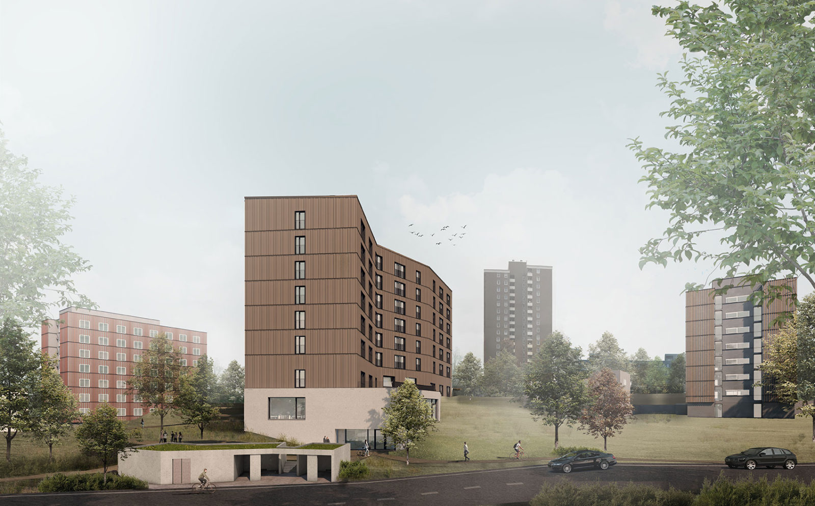 Visualisierung des Stdierendenwohnheims Alice-Salomon-Haus in Reutlingen. Das siebenstöckige Haus steht mit Abstand zu weiteren Hochhäusern auf einer Grünfläche.