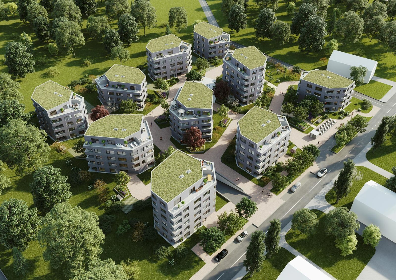 Visualisierung von Mannheim Sullivan: Zwölf Gebäude, die in einem. Rechteck angeordnet sind.