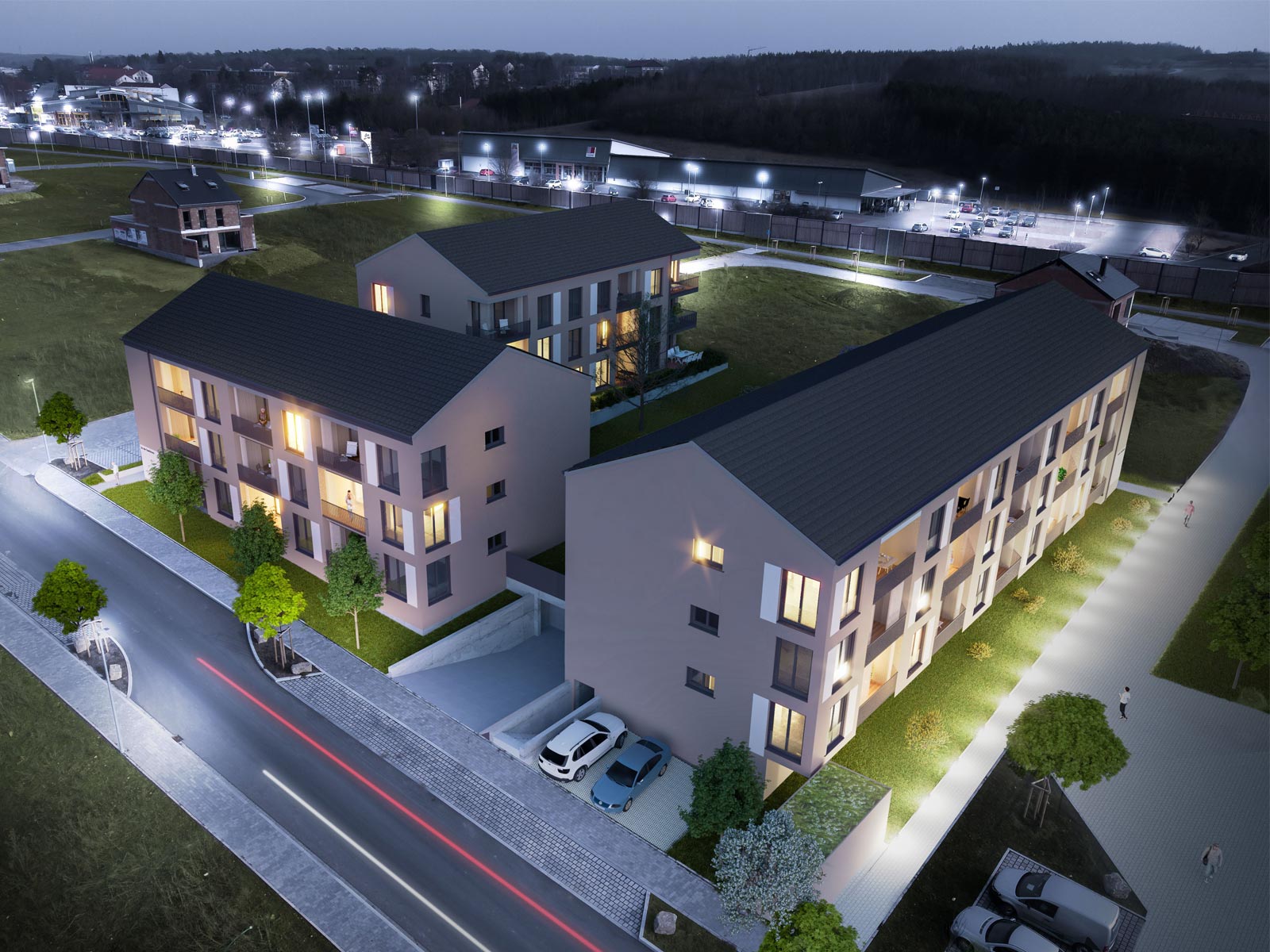 Visualisierung des Sunside in Veitshöchheim Sandäcker: 3 Wohngebäude mit Spitzdach.