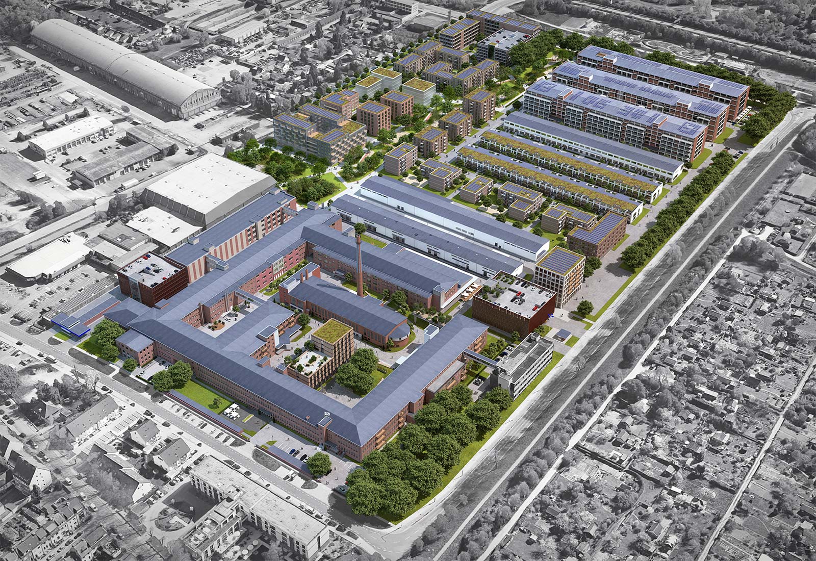 Visualisierung: Bauprojekt Tabakquartier in Bremen aus der Luft. Alte Fabrik im Vordergrund.