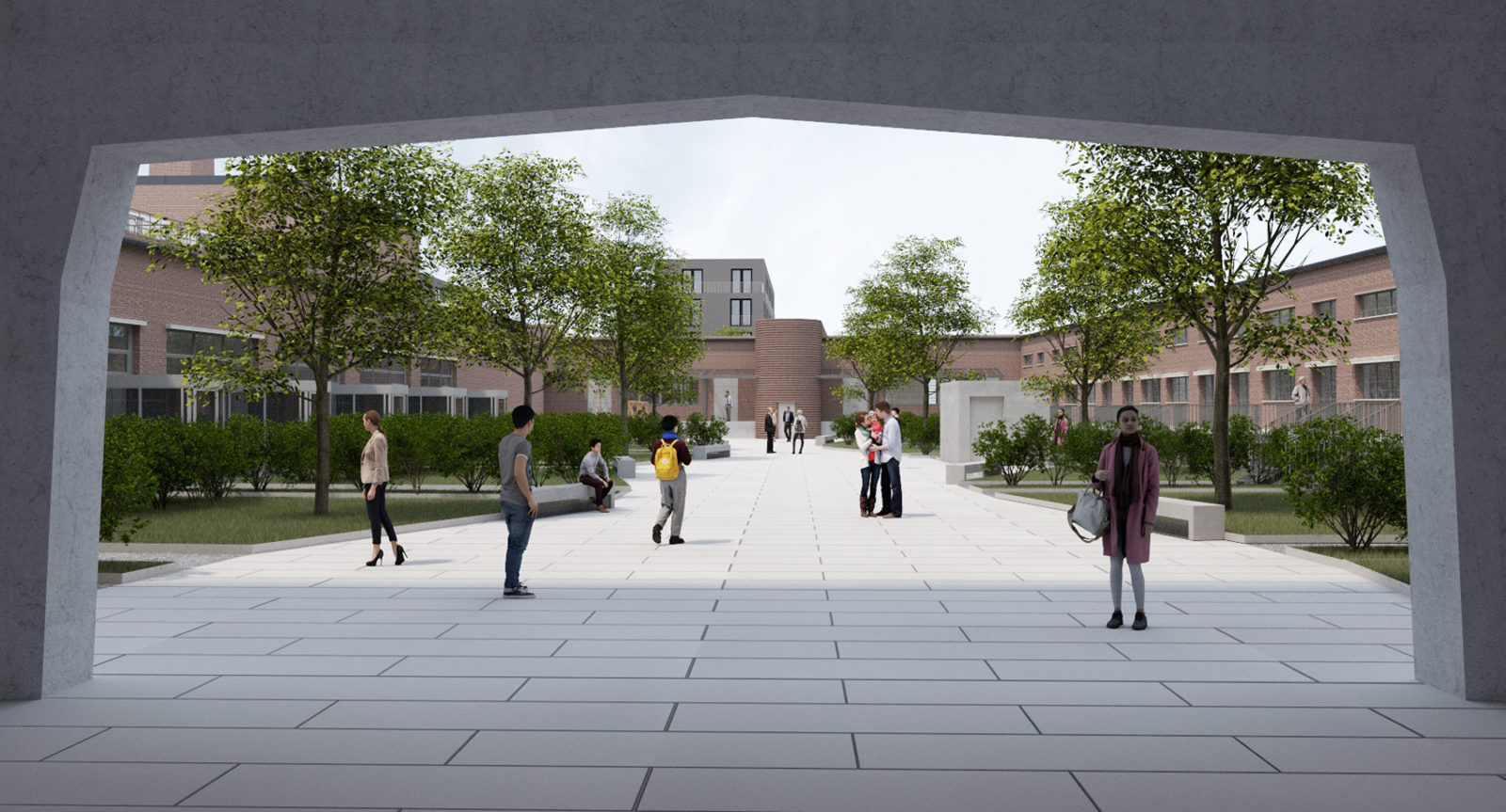 Visualisierung des zukünftigen Telegrafenamts in der Stadtjägerstraße Augsburg: Lebendiges Treiben wird auf dem begrünten Innenhof des Komplexes dargestellt.