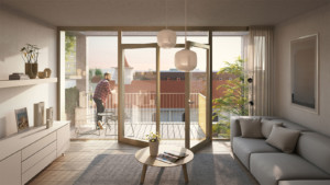 Innenvisualisierung einer Wohnung im Timber Hill: Modern eingerichtetes Wohnzimmer.