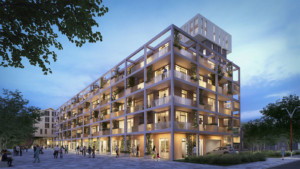 Visualisierung des Timber Hill in Mannheim in der Dämmerung.
