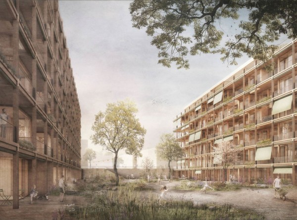 Visualisierung des Holz Hybrid Bauvorhabens Timber Living in München.