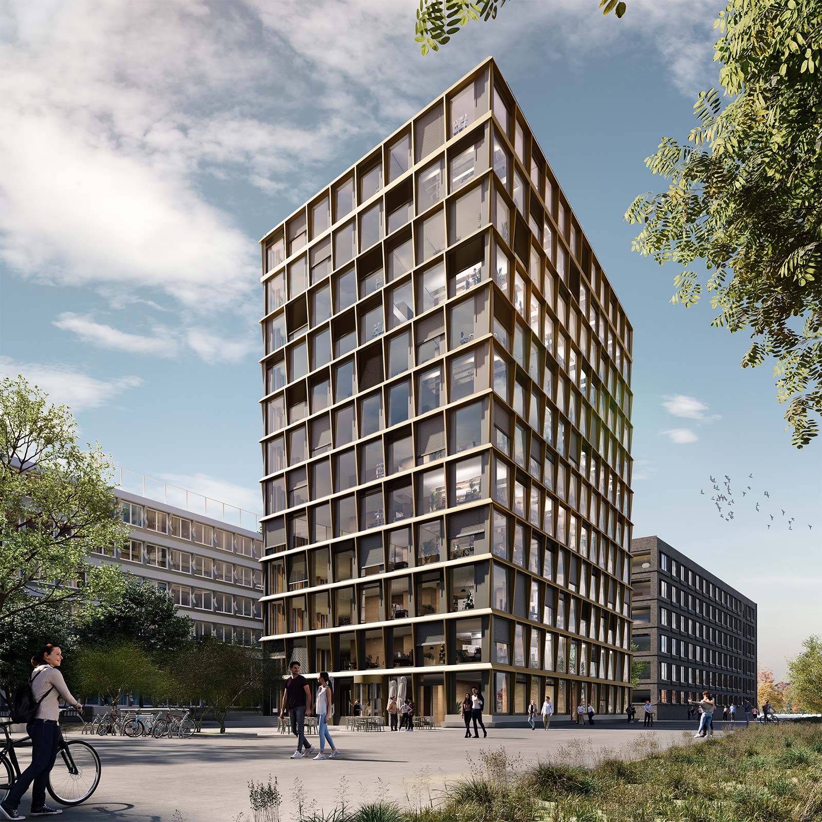Außenvisualisierung des Neubaus Timber Peak in Mainz. Das Bürogebäude wird aus der Froschperspektive gezeigt.
